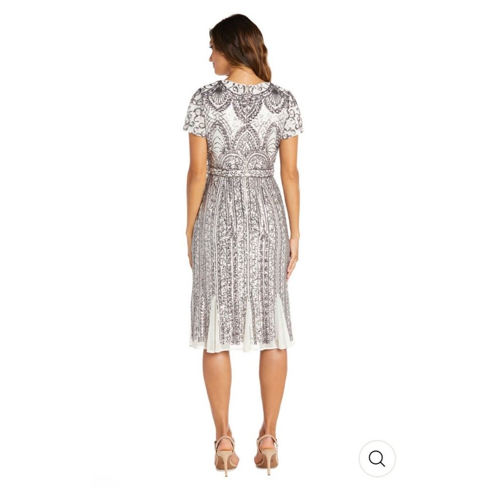 NWT R & M Richards Ivory Midi Length Mesh Sequin‎ Dress w/ Godet Insets Size 8 - Picture 2 of 4